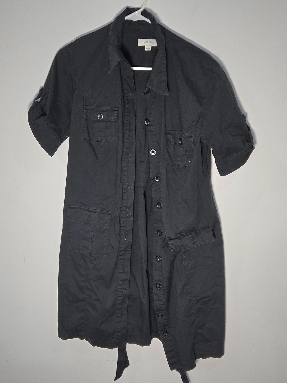 Merona Size L Black Stretch Cotton Blend 4 Pocket Buttonfront Dress